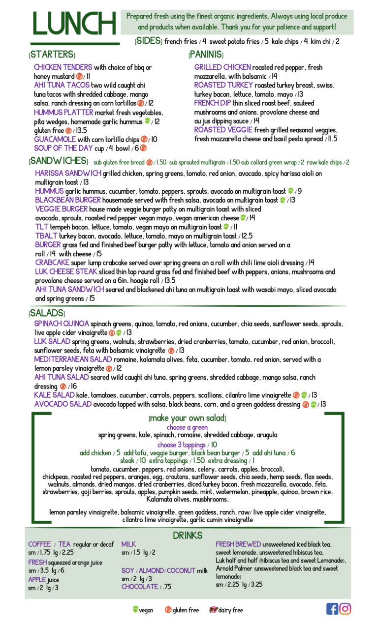 Lunch Menu Organic Restaurant Vegan & Vegetarian Local Urban Kitchen