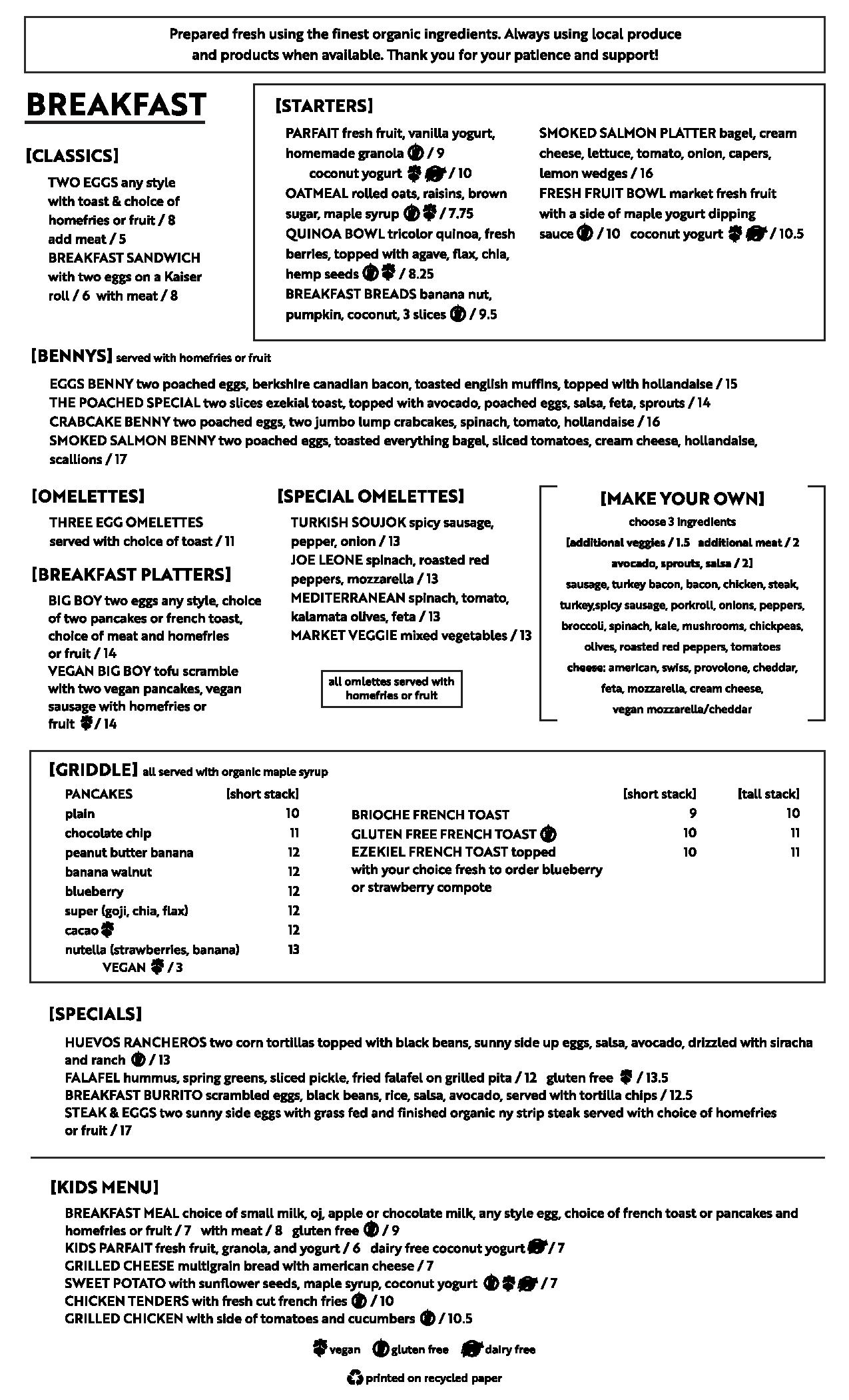 Breakfast Menu Organic Restaurant Vegan & Vegetarian Local Urban